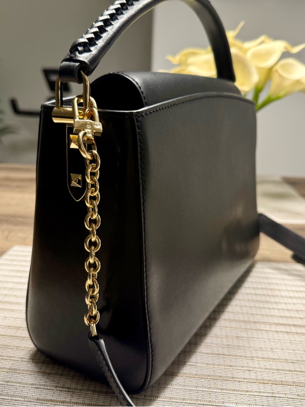 Michael Kors Black Leather Satchel with Gold MK Hardware - Picture 5 of 7